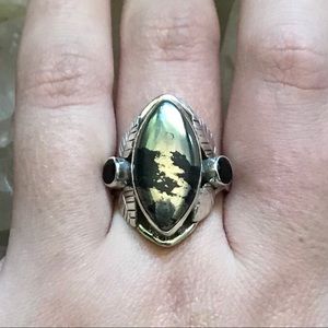 Pyrite in Magnetite and black onyx silver ring
